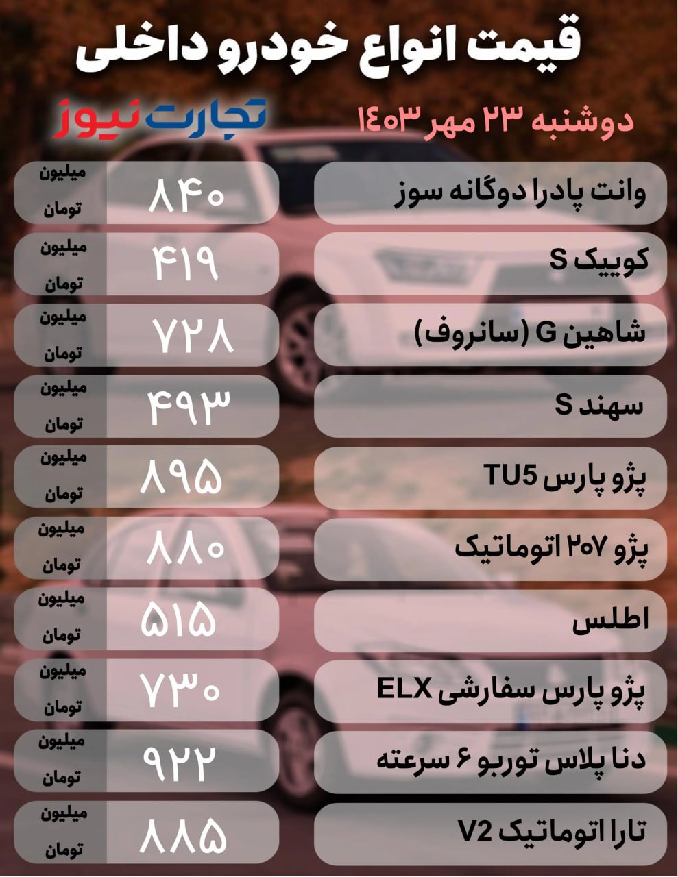 قیمت-امروز-خودروهای-پرفروش