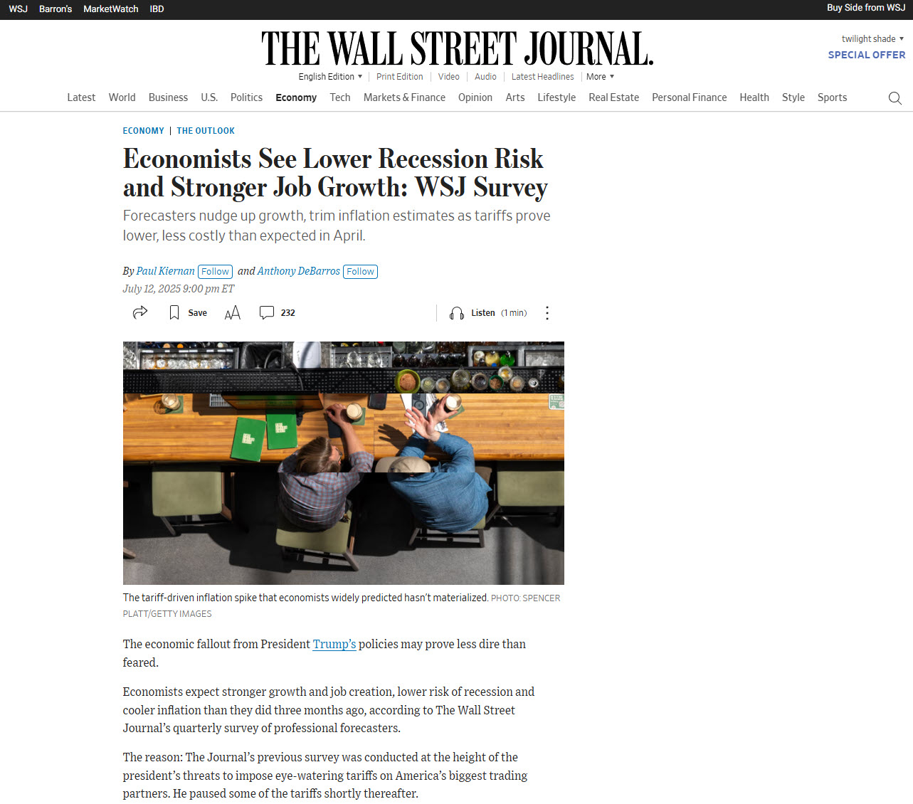 2- نظرسنجی وال‌استریت ژورنال ریسک رکود کاهش یافته، اشتغال در مسیر رشد -Economists See Lower Recession Risk and Stronger Job Growth