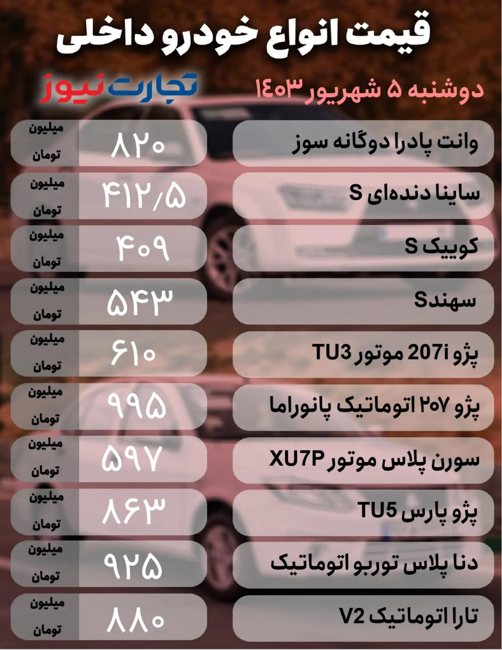 قیمت-خودروهای-داخلی-۵-شهریور