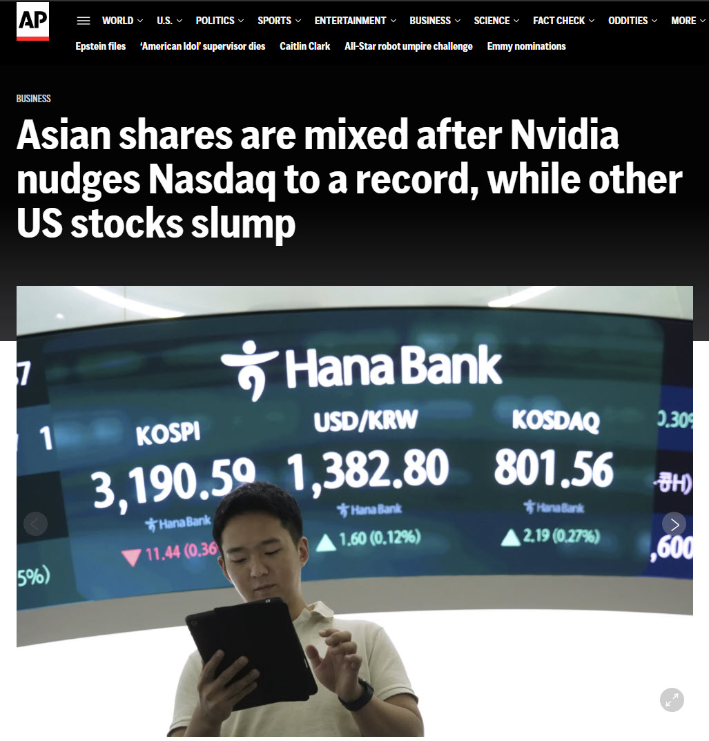 5 - واکنش بورس آسیا به توافق تجاری ترامپ - Asian shares are mixed after Nvidia nudges Nasdaq to a record_ while other US stocks slump