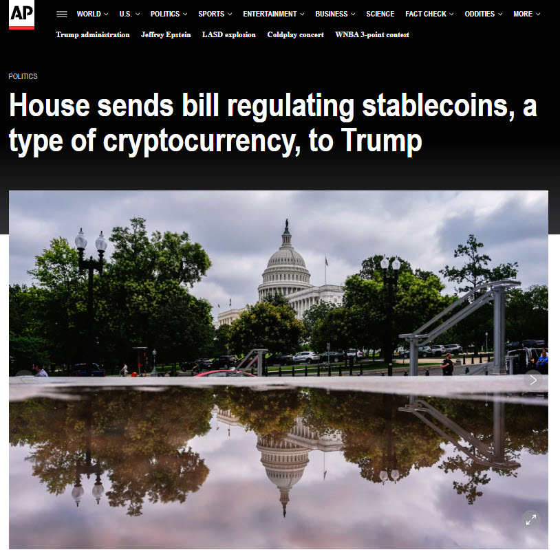 3-حمایت دو حزبی از قانون‌گذاری رمزارزها در دولت ترامپ - House sends bill regulating stablecoins_ a type of cryptocurrency_ to Trump