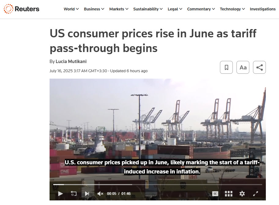1 - آغاز یک چرخه جدید تورمی در اقتصاد آمریکا- US consumer prices rise in June as tariff pass-through begins