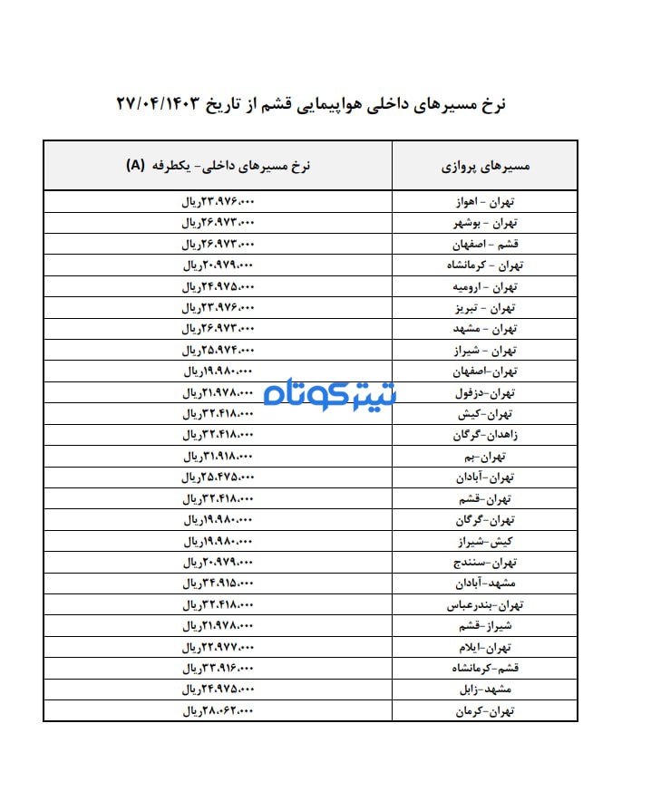 تعرفه قشم ایر2